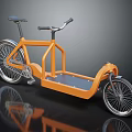Orange Tricycle with Unique Frame Design Dual Seats on Dark Background with Reflective Surface