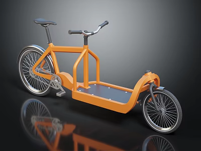 Orange Tricycle with Unique Frame Design Dual Seats on Dark Background with Reflective Surface 3d model