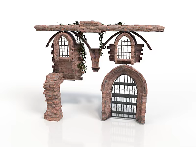 Modern Scene With Medieval Stone Archway Window Frame Iron Grille And Vine Decorations 3d model