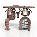 Modern Scene With Medieval Stone Archway Window Frame Iron Grille And Vine Decorations