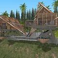 Two Wooden Cabins with A Frame Roofs on Hillside Surrounded by Trees 3d model