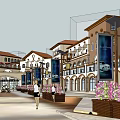 European Style Commercial Street Featuring Pedestrian Plaza Shops Pedestrians And Decorative Elements