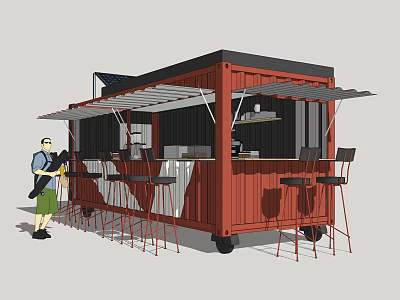 Red Container Converted Mobile Functional Vehicle With Solar Panels Awning Bar Stools And Counter 3d model