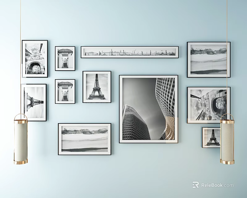 Decorative Photo Wall With Multiple Frames Eiffel Tower Architectural Landscape On Light Blue Wall 3d model