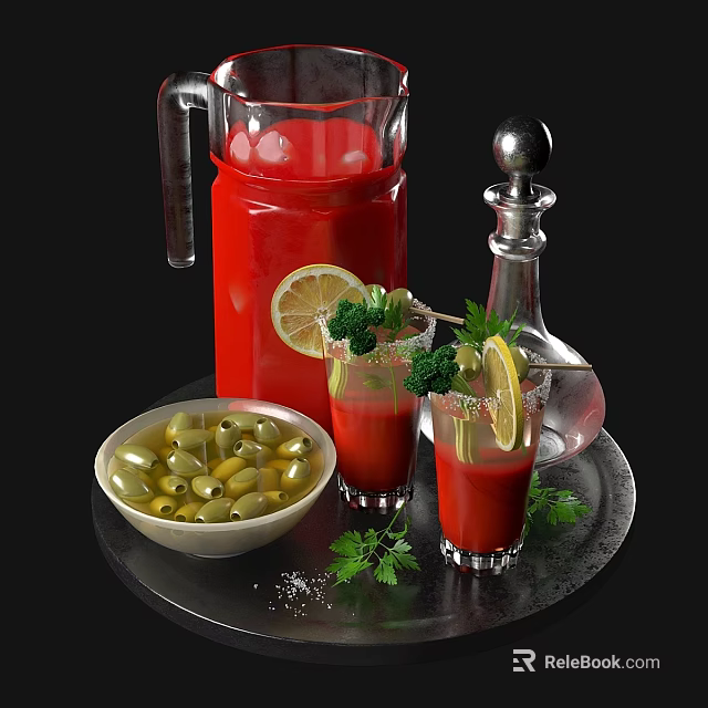 Refreshing Red Beverage with Lemon Slices Olives and Parsley Garnish 3d model 