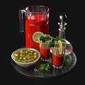 Refreshing Red Beverage with Lemon Slices Olives and Parsley Garnish
