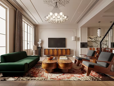 Elegant Living Dining Room Interior With Green Sofa Wooden Coffee Table And Chandelier 3d model