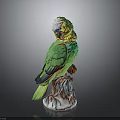 Green And Yellow Parrot Ceramic Figurine Perched On Decorative Base With Red Accents