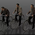 Three Men Riding Vintage Bicycles In Dark Coats Against Gray Background