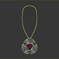 Elegant Silver Chain Necklace Featuring Red Gemstone And Intricate Decorative Patterns