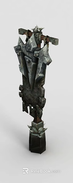 Tech Exhibition Hall Featuring Unique Dark Shield Like Metal Stone Exhibit With Geometric Spikes 3d model 