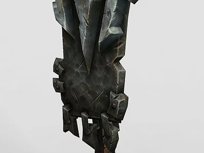 Tech Exhibition Hall Featuring Unique Dark Shield Like Metal Stone Exhibit With Geometric Spikes 3d model