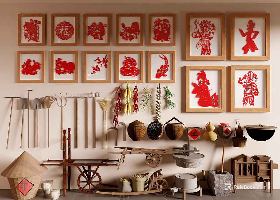 Traditional Folk Art Display With Red Paper Cuttings Wooden Frames And Traditional Farm Tools 3d model 