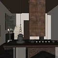 Traditional Teahouse Interior With Wooden Fireplace Tea Sets And Potted Plants