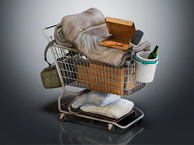 Shopping Cart Filled With Blanket Wooden Crate Bucket And Green Bottle 3d model