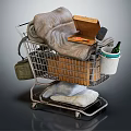 Shopping Cart Filled With Blanket Wooden Crate Bucket And Green Bottle