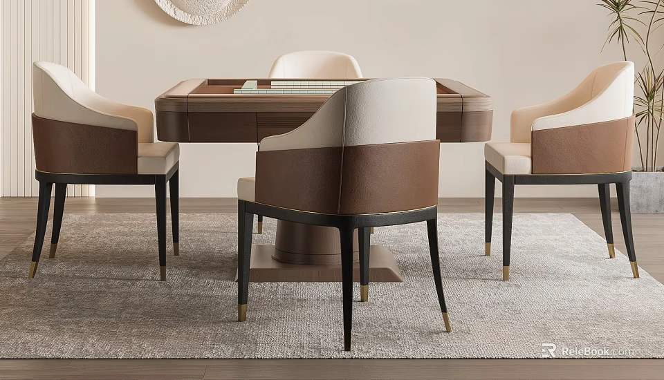 Modern Entertainment Table With Leather Chairs And Wooden Top On Rug 3d model 