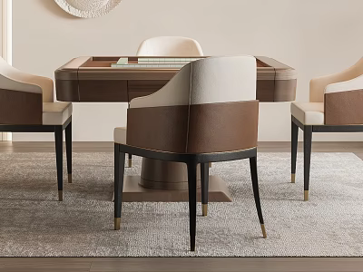 Modern Entertainment Table With Leather Chairs And Wooden Top On Rug 3d model