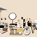 Luxury Perfume And Cosmetics Display With Round Mirror Makeup Brushes And Elegant Bottles
