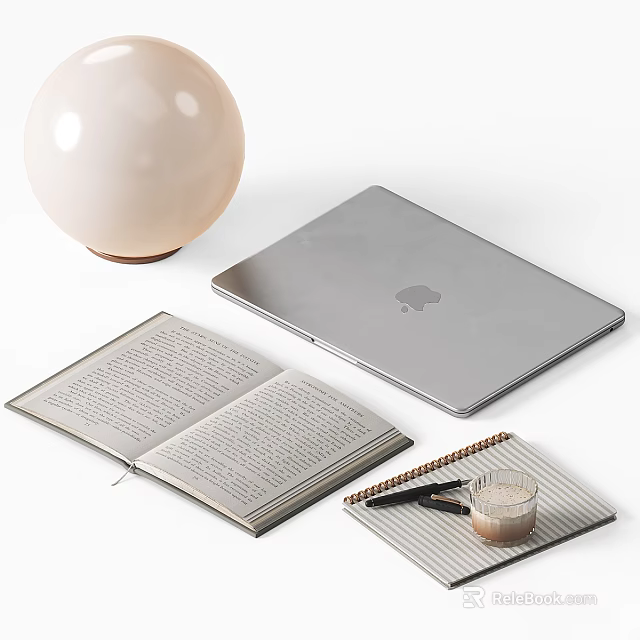 Silver Laptop With Open Book Globe Lamp Notebook And Drink 3d model 