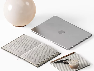 Silver Laptop With Open Book Globe Lamp Notebook And Drink 3d model