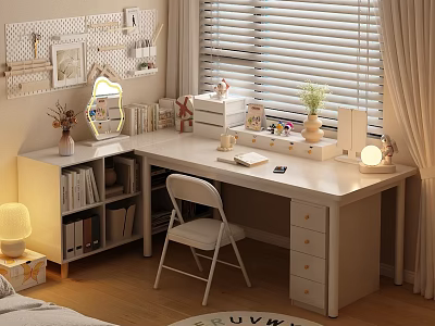 White Desk Setup With Chair Bookshelf Lamp Wall Decor And Window Plant 3d model