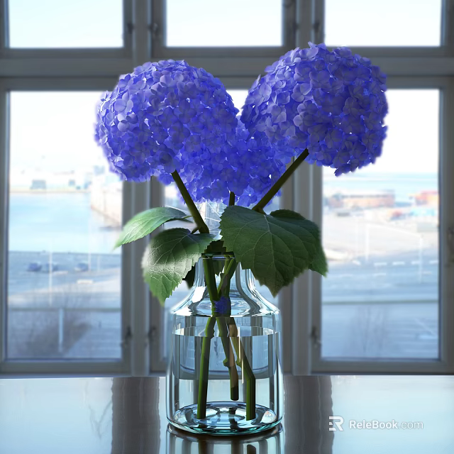 Purple Hydrangea Flowers In Transparent Glass Vase With Green Leaves By Window Seaside View 3d model 