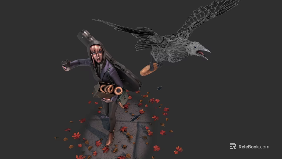 Woman Standing With Guitar And Flying Bird Amid Scattered Maple Leaves 3d model 
