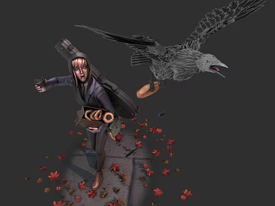 Woman Standing With Guitar And Flying Bird Amid Scattered Maple Leaves 3d model