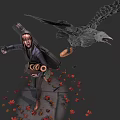 Woman Standing With Guitar And Flying Bird Amid Scattered Maple Leaves