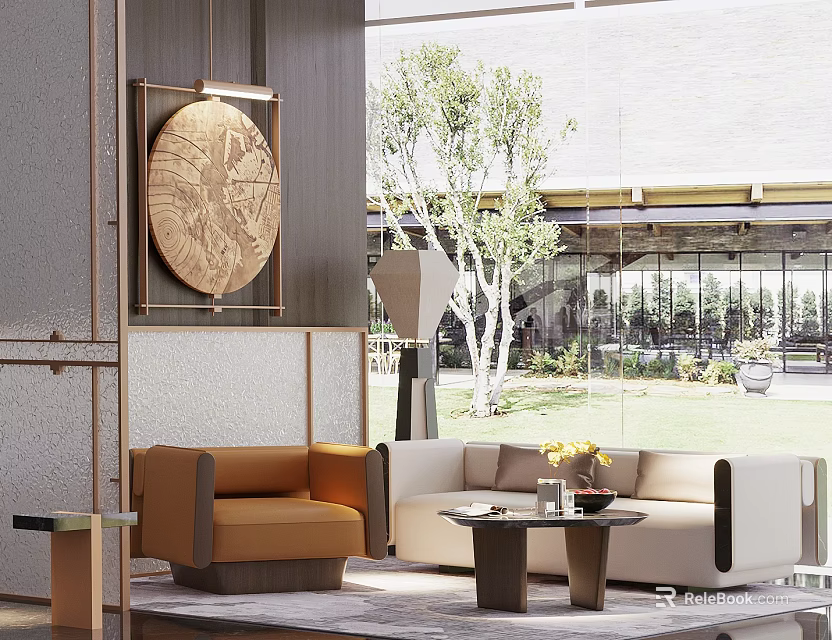 Modern Sales Office Interior With Sofa Chair Decorative Painting Large Windows And Outdoor Greenery 3d model 