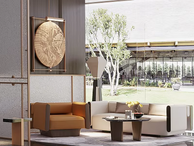 Modern Sales Office Interior With Sofa Chair Decorative Painting Large Windows And Outdoor Greenery 3d model