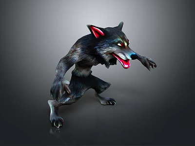 Fantasy Wolf Like Creature With Black Fur Red Ears Open Mouth Aggressive Stance 3D Design 3d model