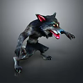Fantasy Wolf Like Creature With Black Fur Red Ears Open Mouth Aggressive Stance 3D Design