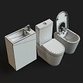 Modern Toilet with Wooden Cabinet Sink and Bidet in Bathroom Setup