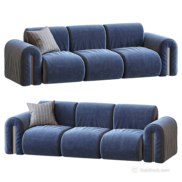 Modern Blue Velvet Three Seater Sofa With Striped Pillow And Curved Arms 3d model 