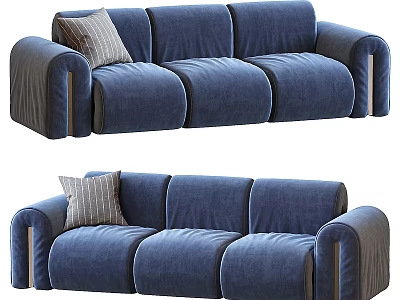 Modern Blue Velvet Three Seater Sofa With Striped Pillow And Curved Arms 3d model