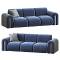 Modern Blue Velvet Three Seater Sofa With Striped Pillow And Curved Arms