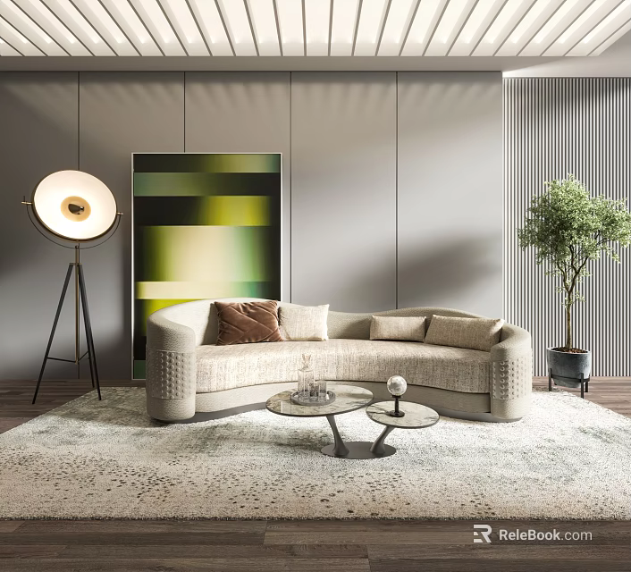 Modern Living Room Interior Design With Curved Sofa Coffee Table Floor Lamp And Potted Plant 3d model 