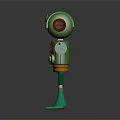 Cartoon Orange Green Robot with Round Head Eyes Control Panel and Extended Arms Legs