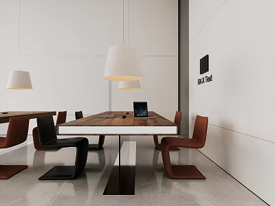 Modern Office Desk Setup With Laptop Modern Chairs Pendant Lights And White Walls 3d model