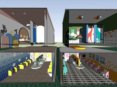Kids Friendly Public Restroom With Bright Design Colorful Decor And Cartoon Murals 3d model