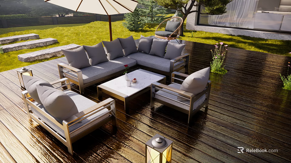 Modern Outdoor Sofa Sectional Set With Coffee Table On Wooden Patio And Lawn 3d model 