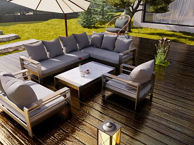 Modern Outdoor Sofa Sectional Set With Coffee Table On Wooden Patio And Lawn 3d model