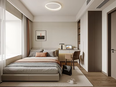 Modern Bedroom Interior With Bed Desk Chair Round Ceiling Light And Wall Art 3d model