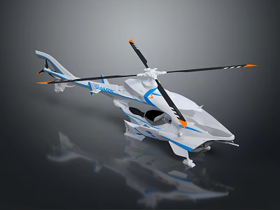 Modern White And Blue Helicopter With Streamlined Design And Rotors On Dark Background 3d model