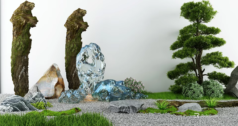 Karesansui Dry Landscape Design With Artistic Stones Mossy Ground Gravel And Pruned Trees 3d model 