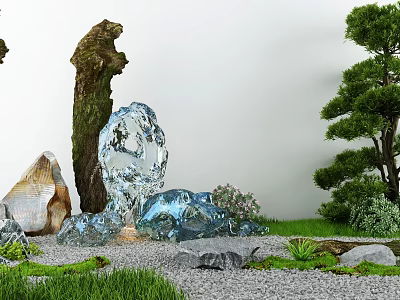 Karesansui Dry Landscape Design With Artistic Stones Mossy Ground Gravel And Pruned Trees 3d model