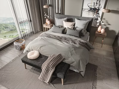 Modern Double Bed Bedroom Interior With Gray Bedding Pillows Bench Throw Blanket And Window View 3d model