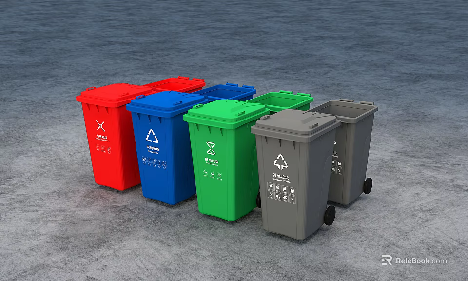 Public Facility Multi Colored Trash Bins For Waste Sorting And Recycling 3d model 